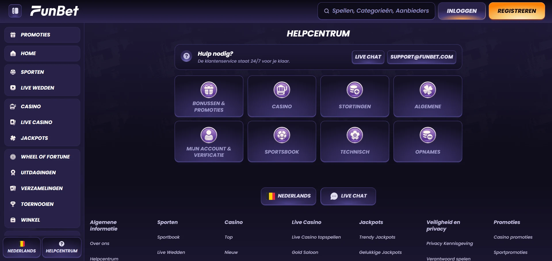 Contactmogelijkheden van Funbet met live chat en e-mail