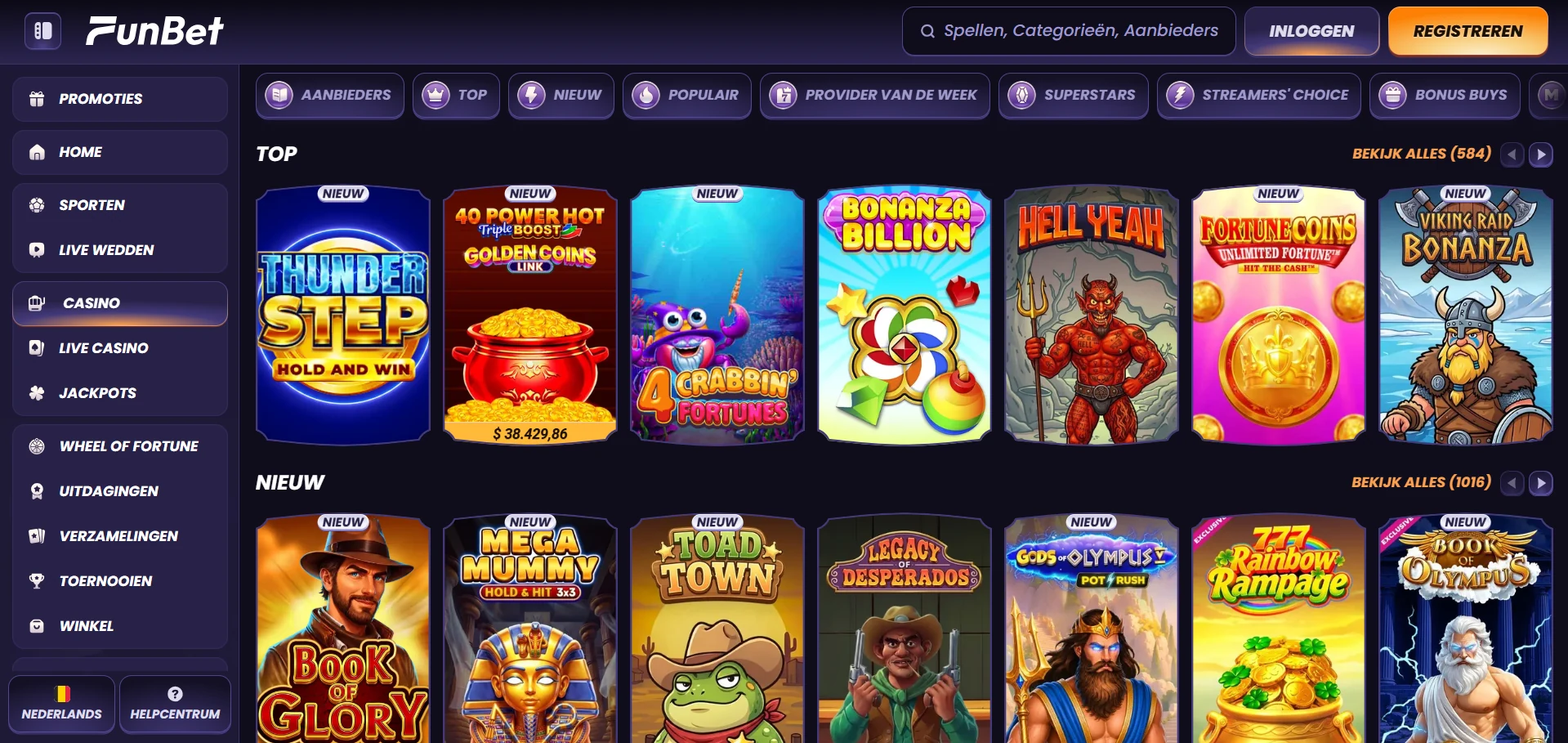 Spellenlobby van Funbet met categorieën, filters en de populaire titels bovenaan