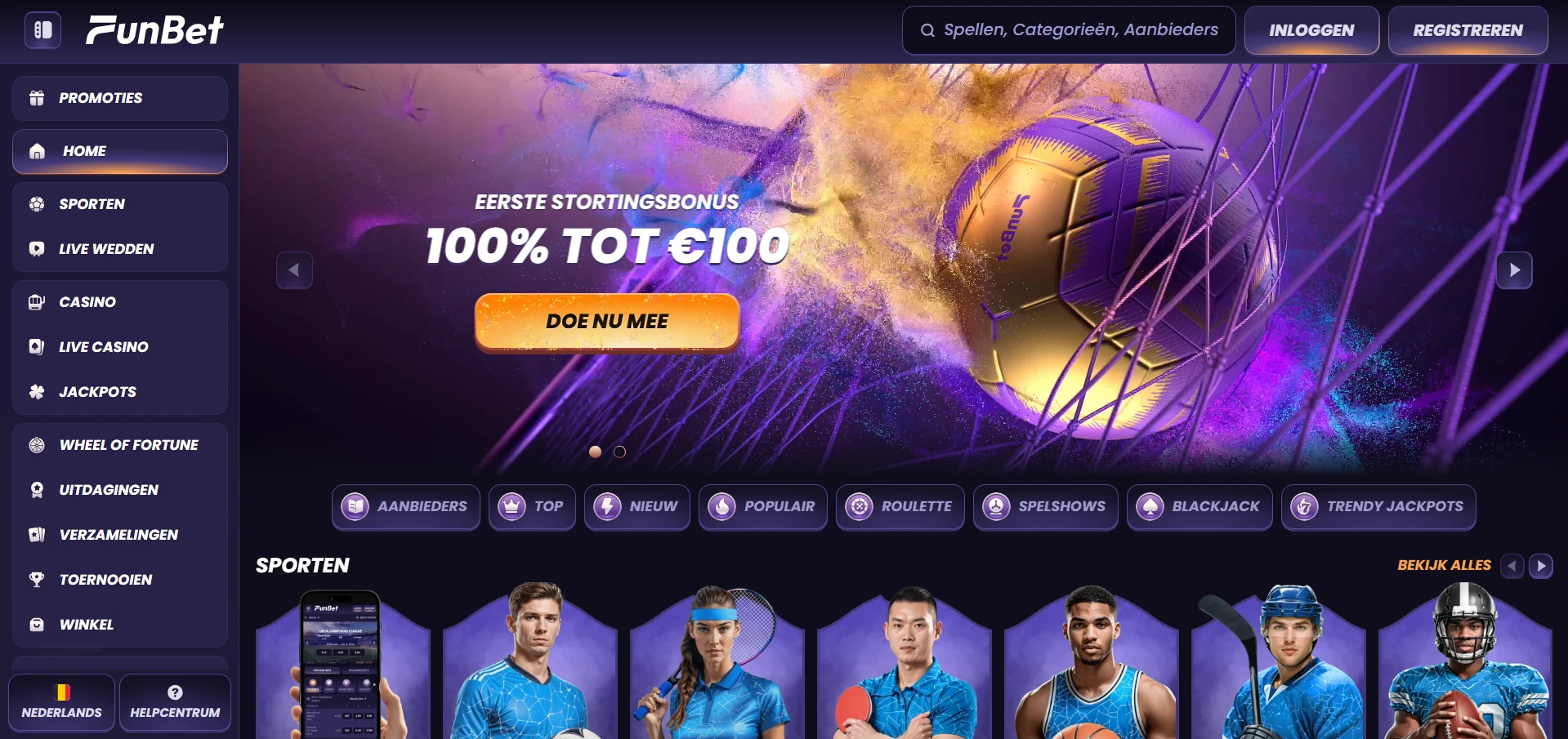 Startpagina van Funbet met de spellenlobby, de zoekbalk en de knop om een account aan te maken