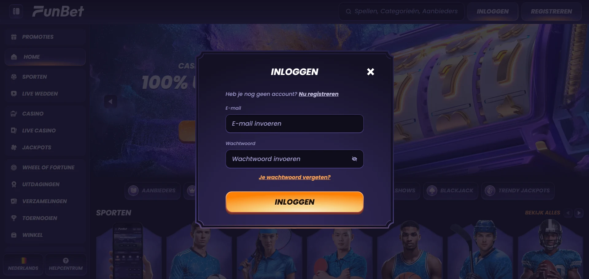 Inlogscherm van Funbet met velden voor mailadres en wachtwoord