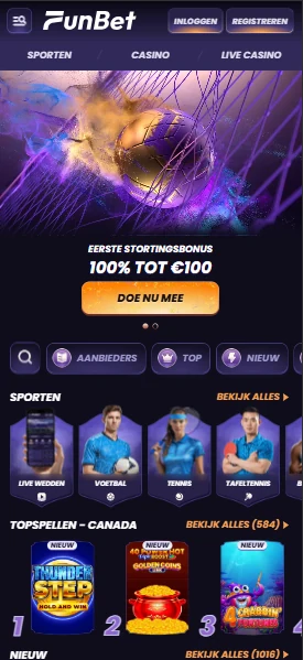 Funbet in de browser van een telefoon met de lobby in één kolom