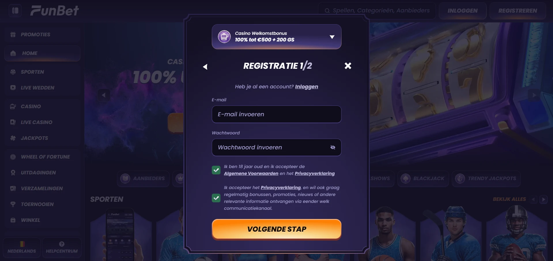 Registratieformulier van Funbet met velden voor mailadres en wachtwoord